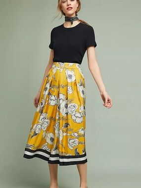 Anthropologie Vineet Bahl Wide Leg 100% Silk Yellow Floral Pants Size Medium
